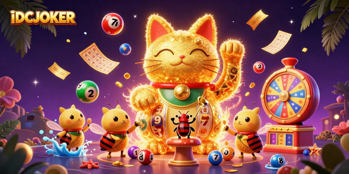 IDCJOKER showcases a dynamic scene featuring a lucky cat and casino symbols amidst vibrant lottery elements.