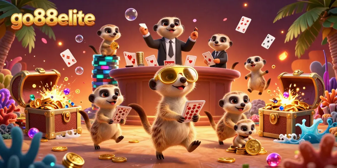 Engage in thrilling casino action with go88elite's meerkat characters managing games and sneaking chips.