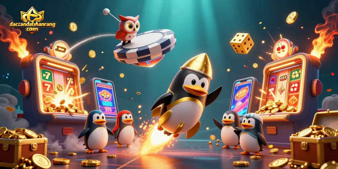 Experience jackpot thrills at dacsandatphanrang com with a vibrant 3D penguin spaceship racing toward a casino.
