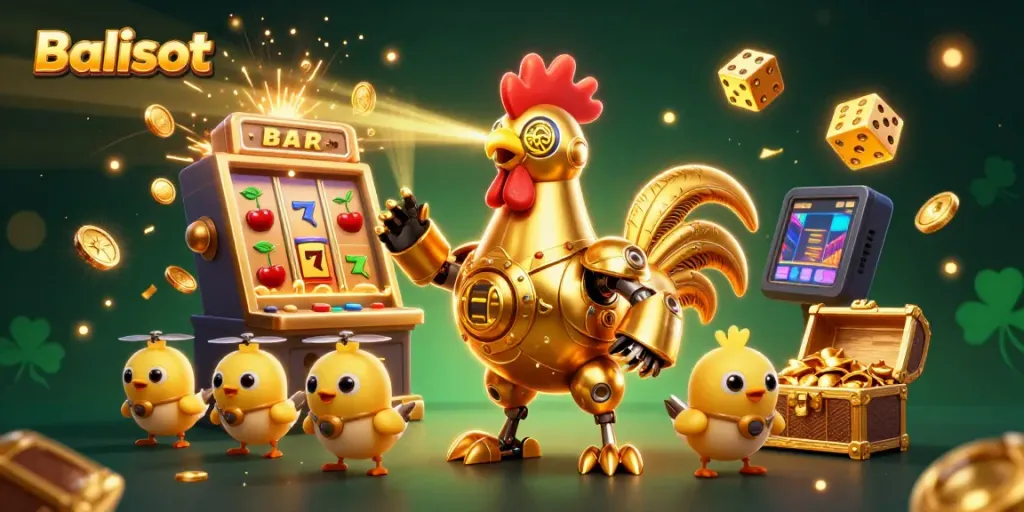 Balislot interactive casino scene showcasing a golden rooster robot and baby chick drones amidst vibrant slot machine chaos.