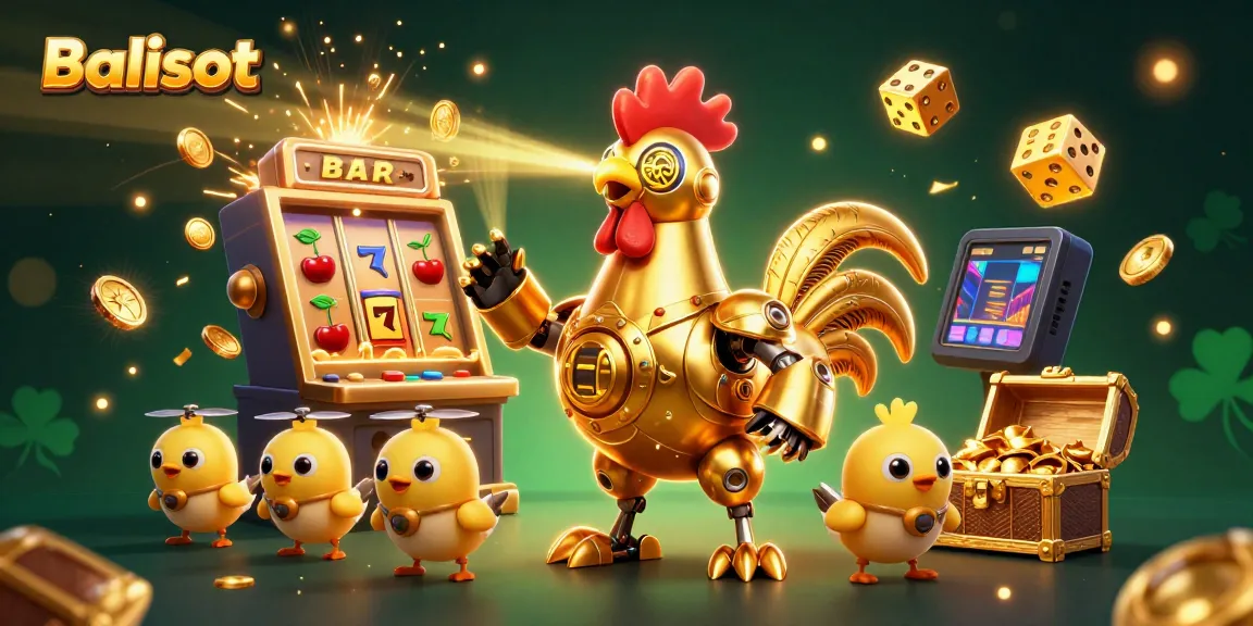 Balislot interactive casino scene showcasing a golden rooster robot and baby chick drones amidst vibrant slot machine chaos.