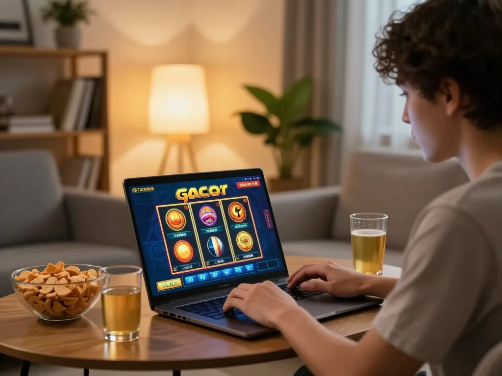 Engaging in slot gacor gameplay on a laptop in a cozy home setting.