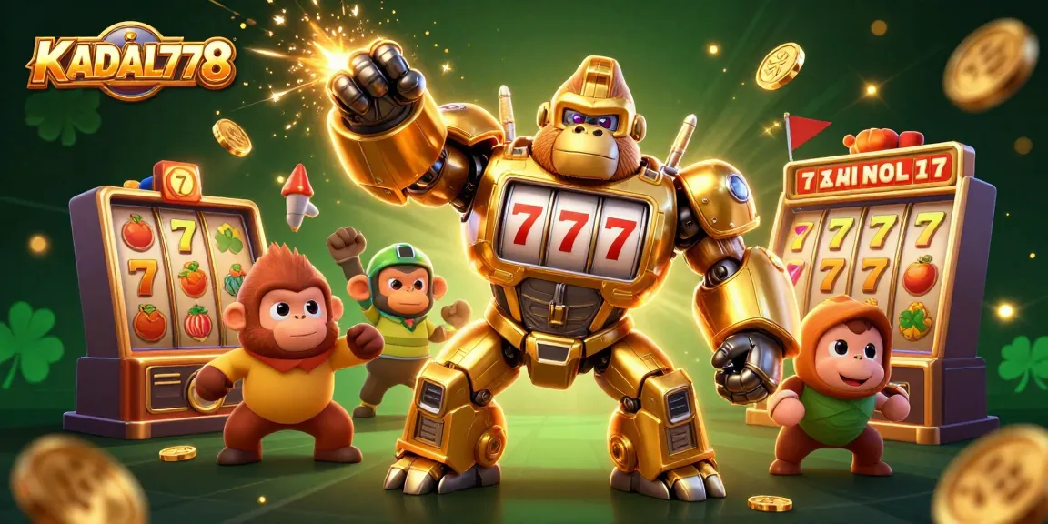 KADAL778 showcases an epic golden gorilla mech celebrating casino wins with spinning slot reels and radiant energy.