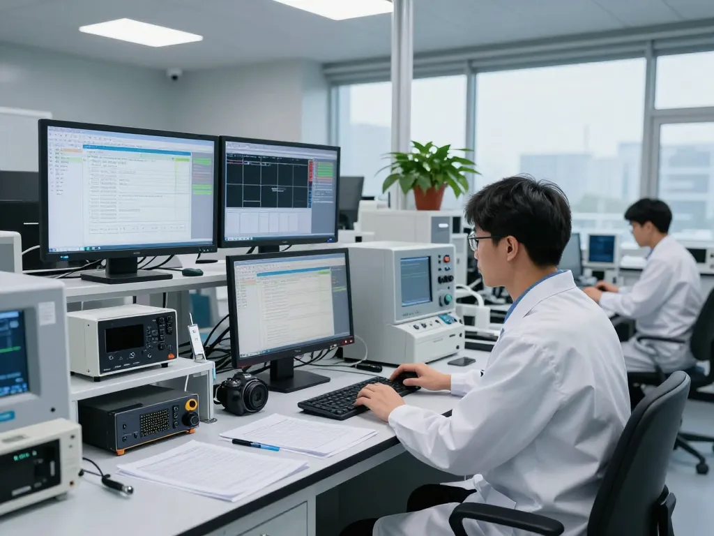 Technician operating complex testing equipment for FCC certification in a modern lab setting.