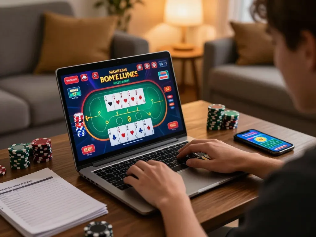 Exciting online gaming scene as a player registers for đăng ký cm88 with poker action displayed on laptop.