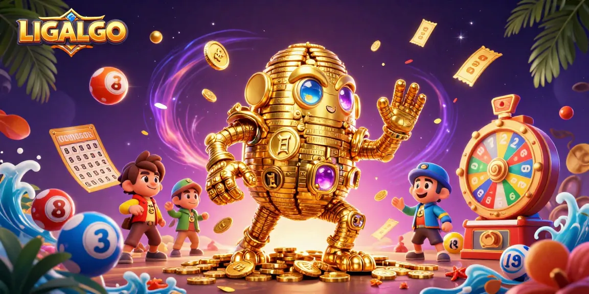 LIGALGO showcases a vibrant casino scene with a golden golem amidst dynamic lottery elements and prize symbols.