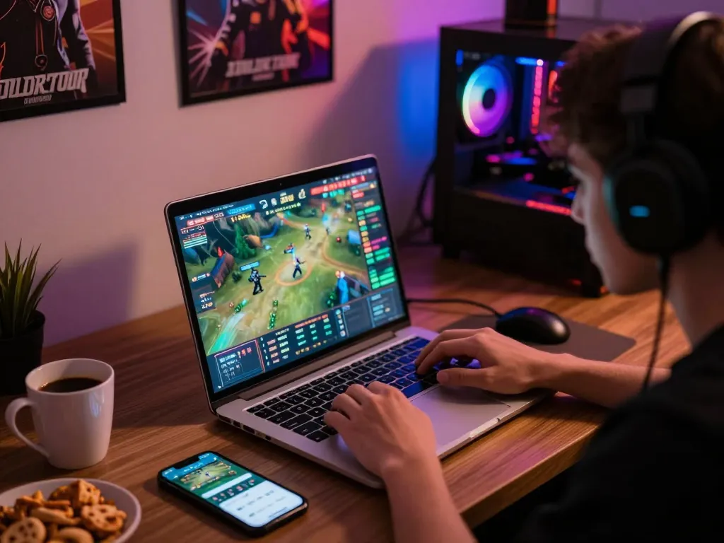 Engaged player participating in esports betting singapore on a laptop, highlighting vibrant game interface and betting options.