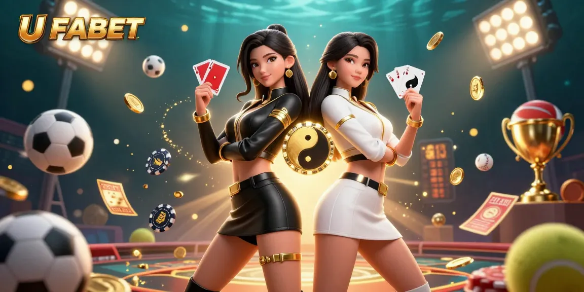 Experience exciting gaming at UFABET with stunning visuals of twin Asian poker players.