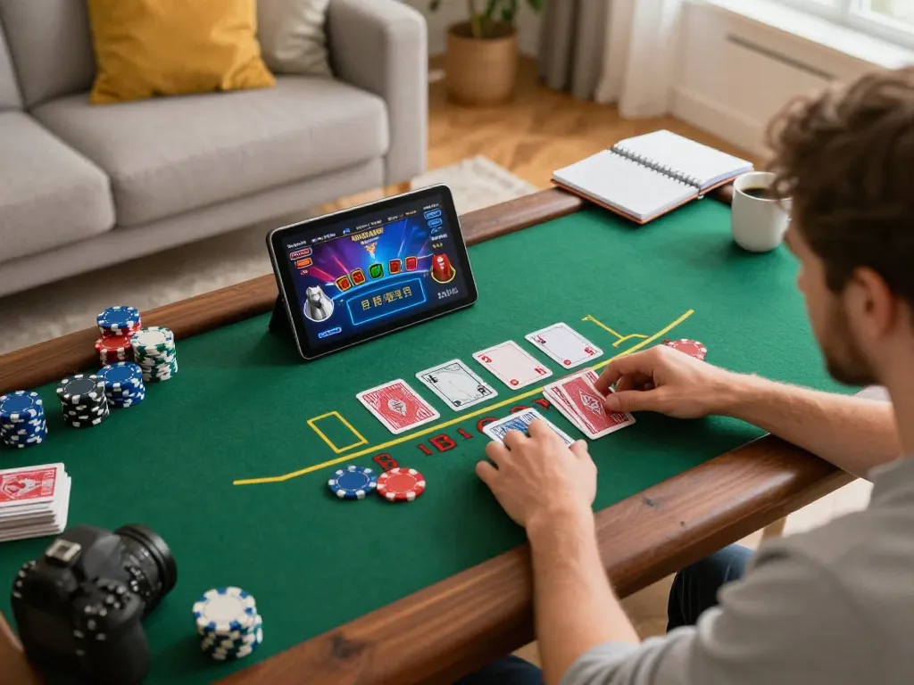 Engaging in live dealer blackjack game on a tablet while enjoying a cozy home environment at 8xx