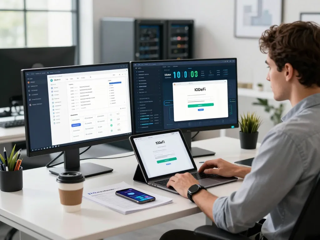 Developer using IODeFi login on a high-tech workspace with multiple screens and coffee.