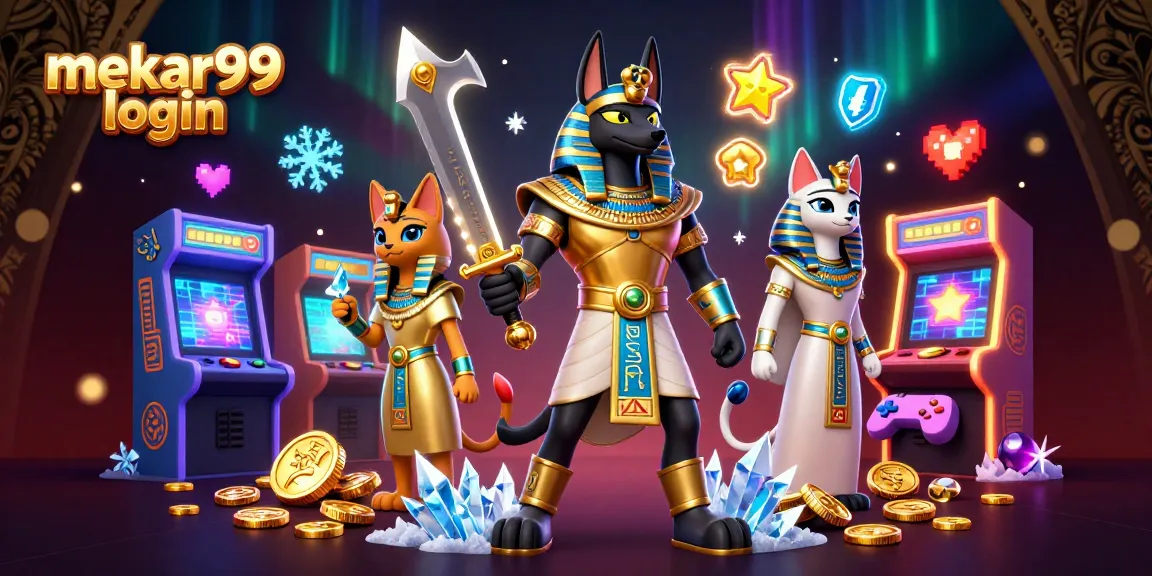 Play exciting games on mekar99 login featuring ancient Egyptian characters and vibrant arcade elements.