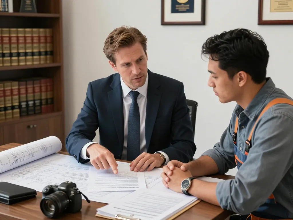 Boca Raton Construction Litigation Lawyer consulting with contractor on legal matters, showcasing professionalism.