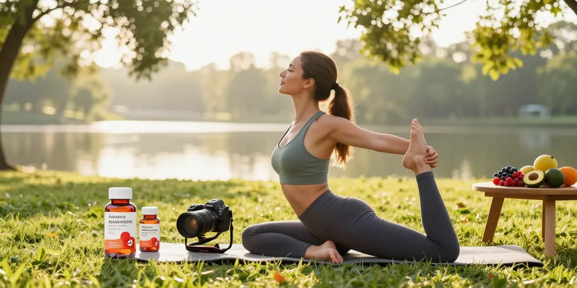 Practicing yoga outdoors with premium astaxanthin supplement complementing a healthy lifestyle
