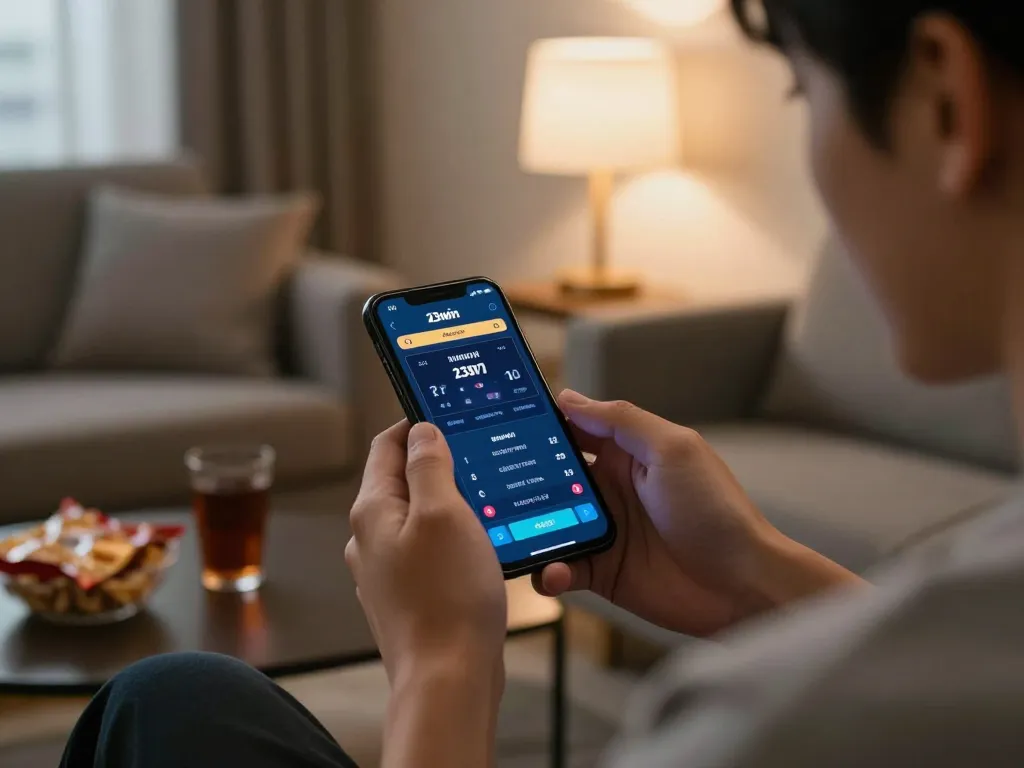 Engaging user strategizing bets on the 23win app in a cozy home setting.