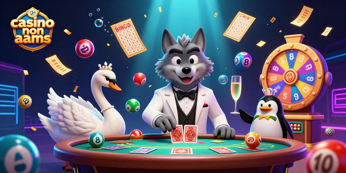 Giocatori nel casino non AAMS con un lupo elegante, un cigno e un pinguino servendo champagne.