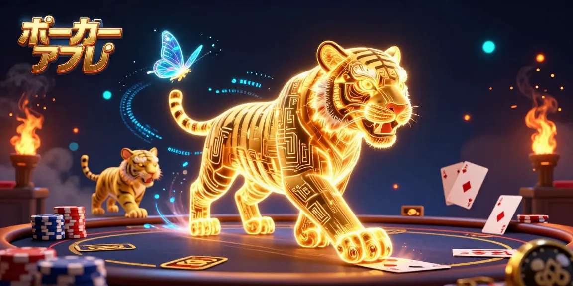 ポーカーアプリを使用して、カードテーブルで戦うスリリングな雰囲気を体験するイラスト。