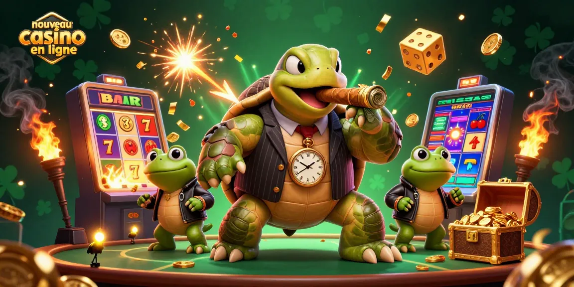 Le nouveau casino en ligne affiche une scène dynamique avec une tortue géante en costume de mafieux, des grenouilles en costume, et une machine à sous explosive.