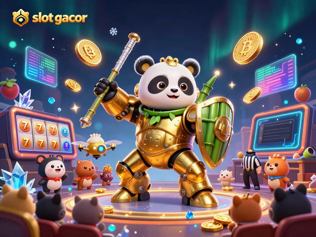 Permainan slot gacor dengan panda emas mengendalikan robot sambil dikelilingi simbol keberuntungan.