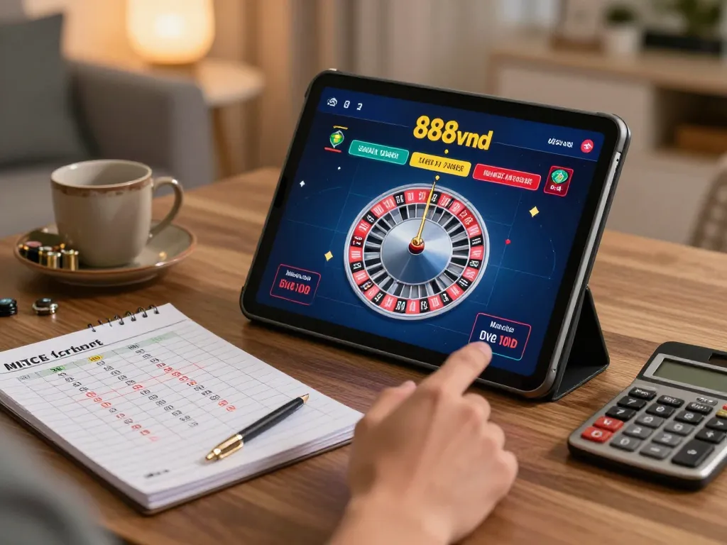 Engaging in a live dealer roulette game on 888vnd's platform with strategies at hand.