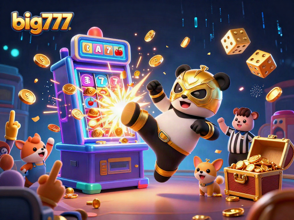 Explore exciting big777 slots with a dynamic scene of a panda wrestler kicking and gold coins exploding!