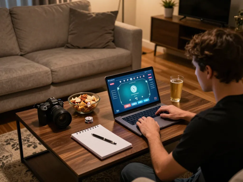 Engaging in online poker with lu888 on a laptop in a cozy home setting