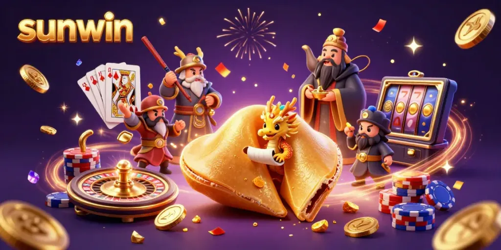 Experience the thrill of sunwin as golden coins cascade from a fortune cookie in this lively casino scene.