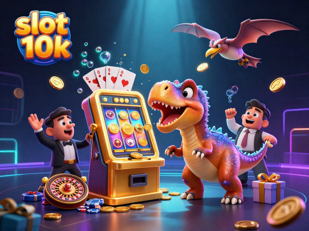 Experience the thrill of slot 10k with a pachycephalosaurus and coins flying in a vibrant casino setting.