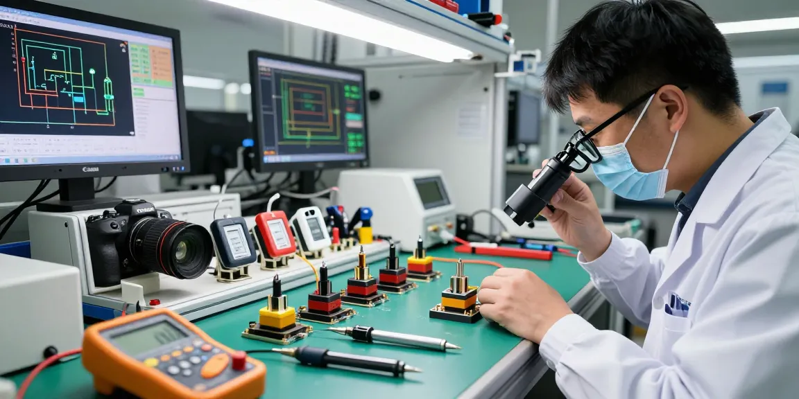Technician examining a piezo switch in a high-tech manufacturing lab.
