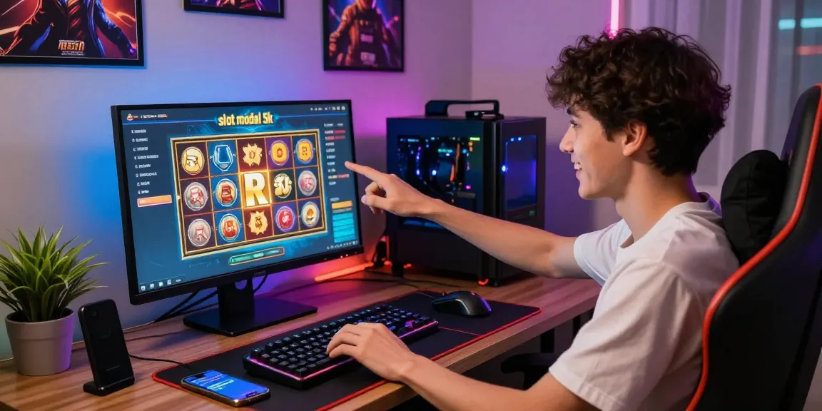 Exciting online gaming scene showcasing slot modal 5k with a joyful player engaging on a vibrant gaming setup.
