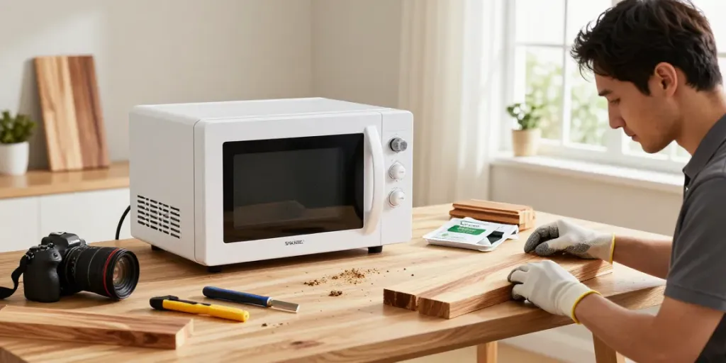 SHASHEL® microwave wood treatment technician inspecting wood quality.