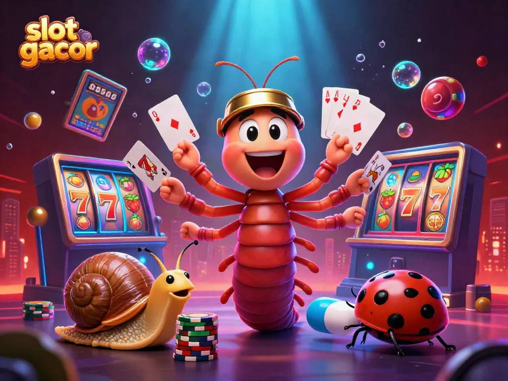 Permainan slot gacor dengan ilustrasi dealer kartun dan simbol jackpot yang menarik.