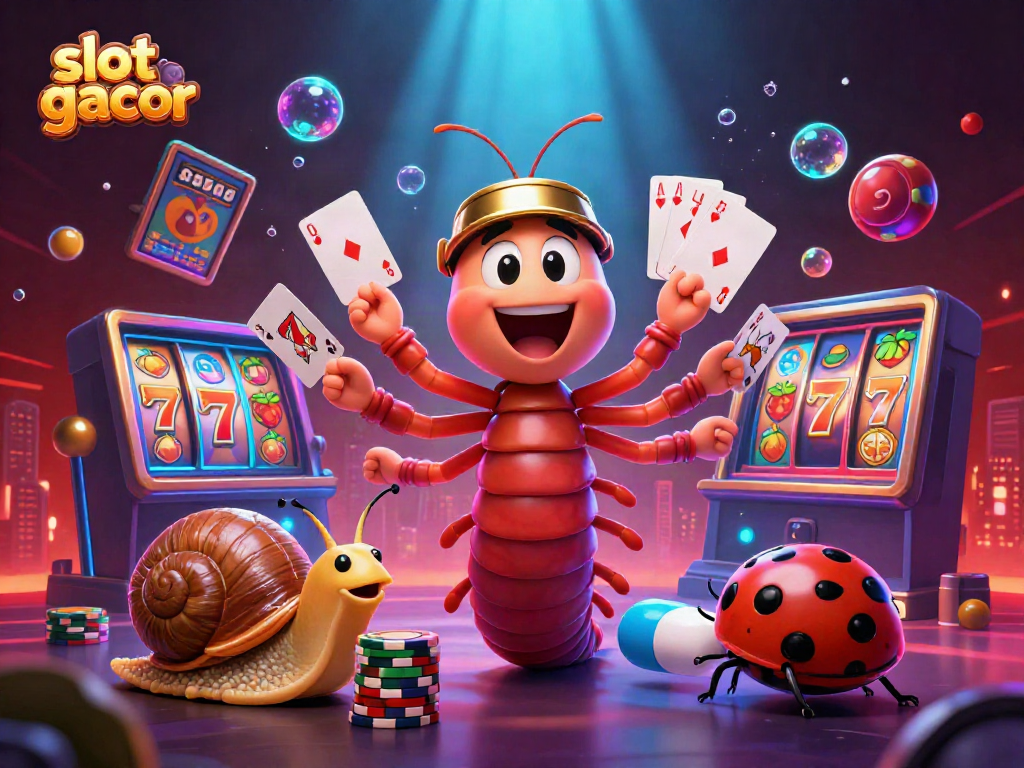 Permainan slot gacor dengan ilustrasi dealer kartun dan simbol jackpot yang menarik.