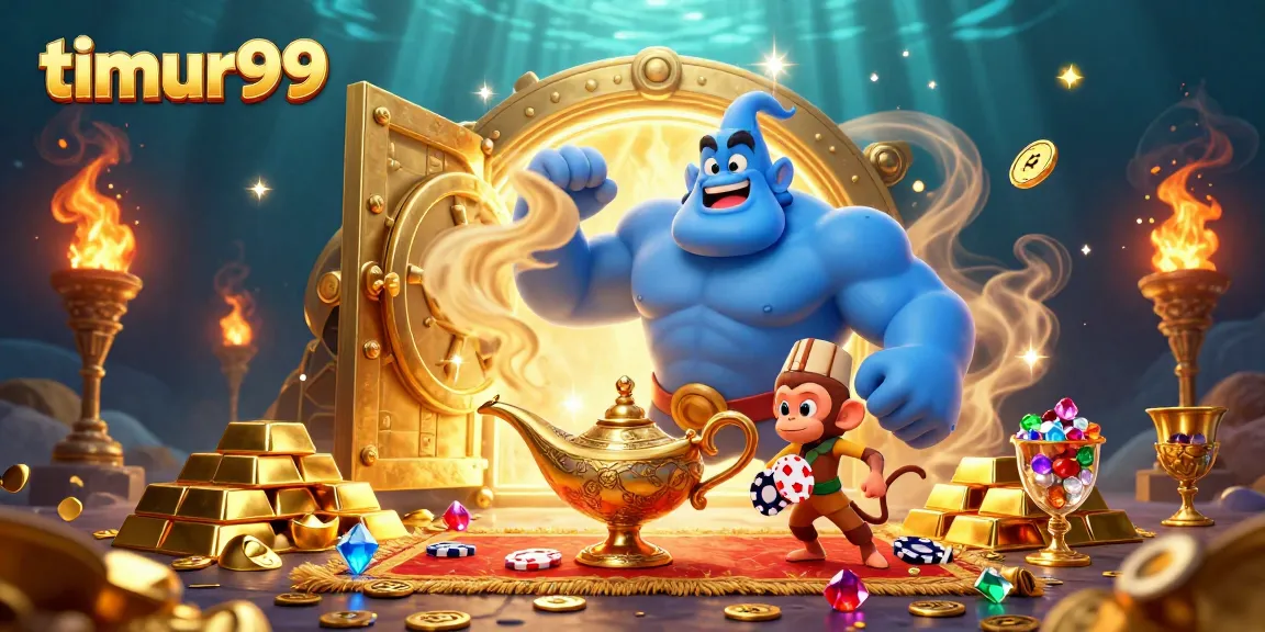 Experience excitement with timur99's vibrant casino scene featuring a genie and treasures galore.