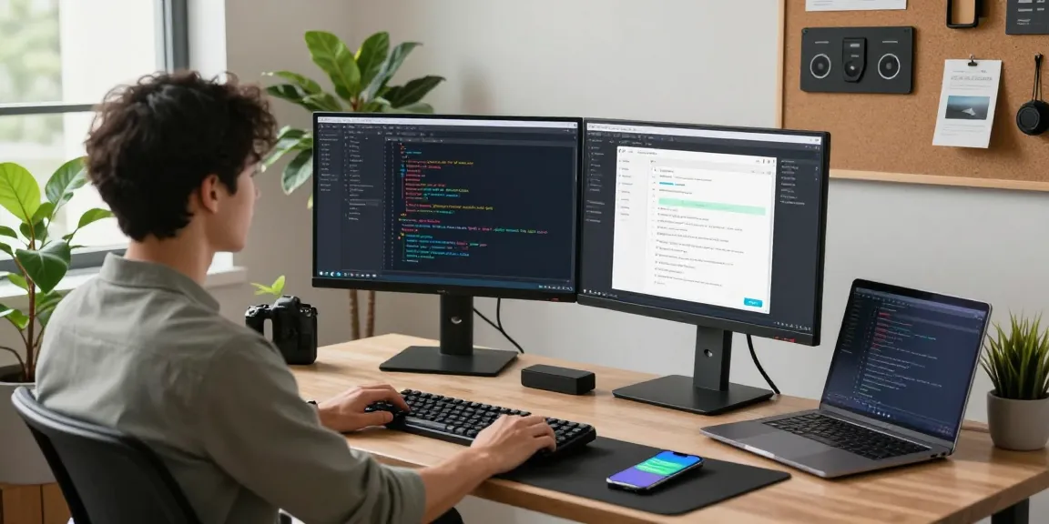 Developer coding the 纸飞机中文版 messaging app in a modern workspace with dual monitors and a vibrant atmosphere.