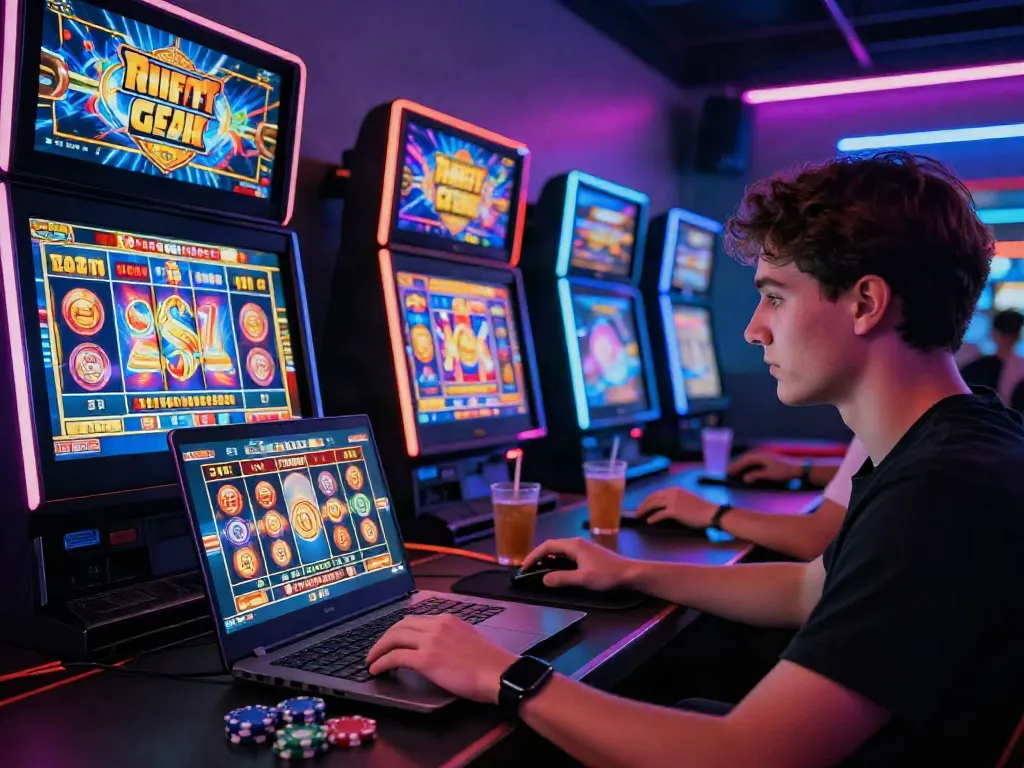 Engaged player enjoying an online slot game experience surrounded by vibrant visuals and gaming elements.
