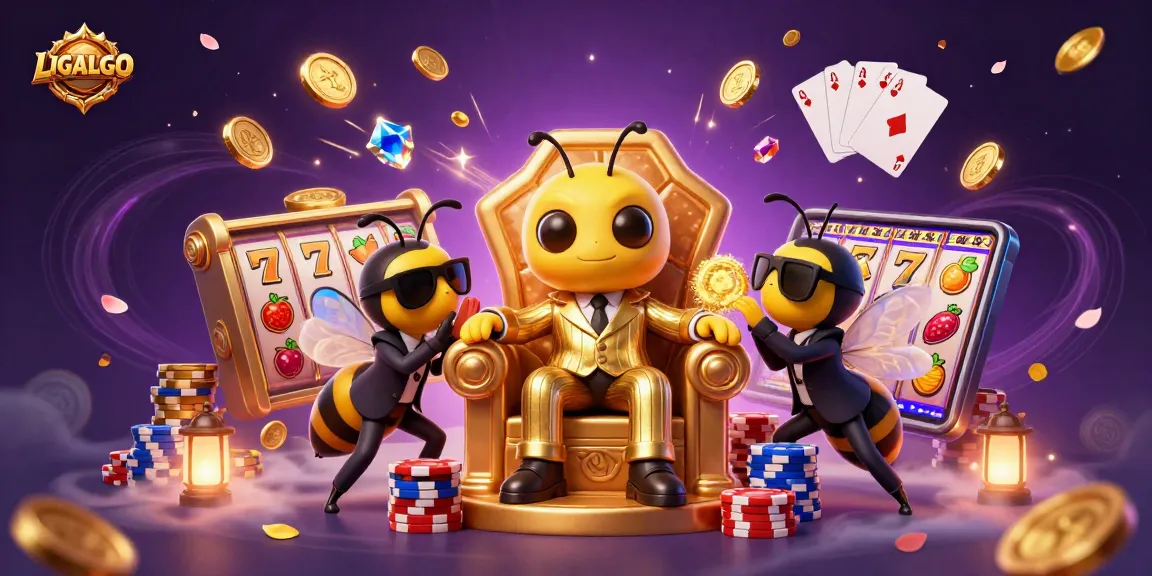 LIGALGO showcases a vibrant casino scene with a bumblebee mob boss, slot reels, and cascading gold coins.