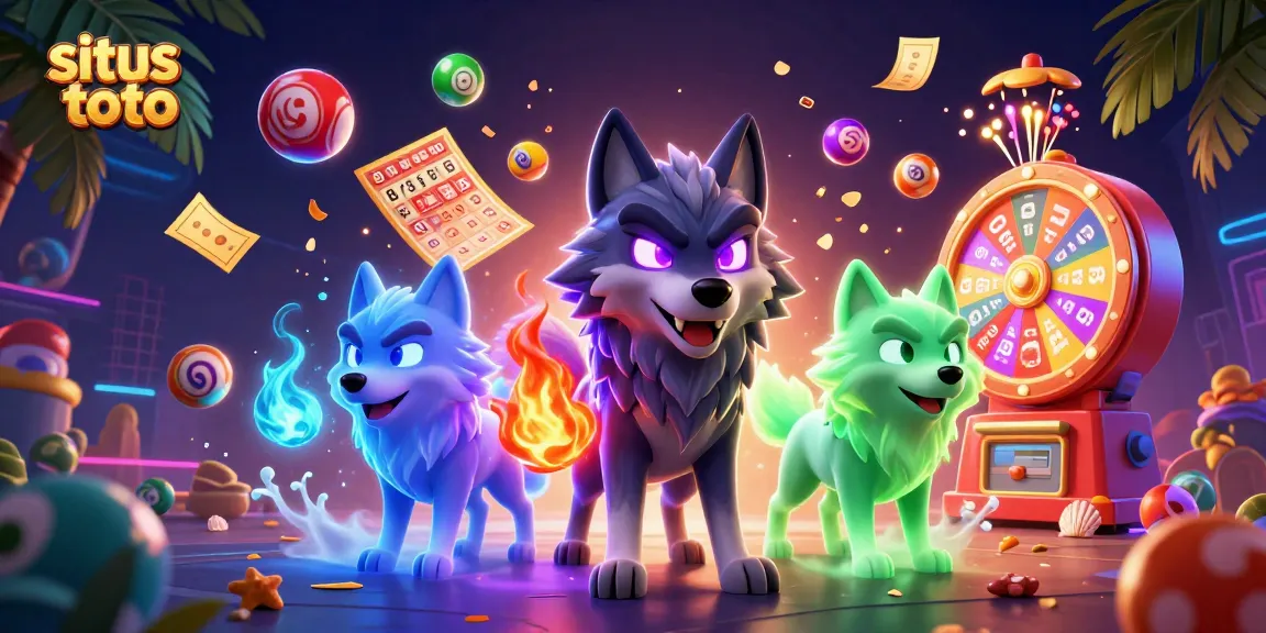 Menemui permainan di situs toto dengan karakter serigala berenergi spesial dan bola lotere berwarna-warni yang dinamis.