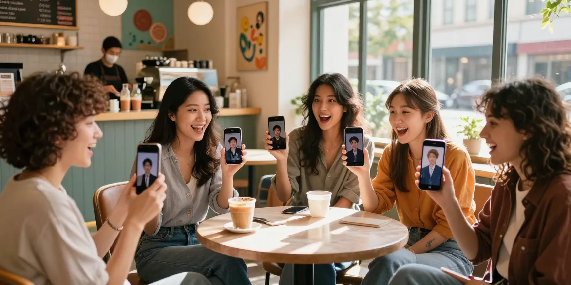 Excited friends discovering celebs I look like results at a vibrant café