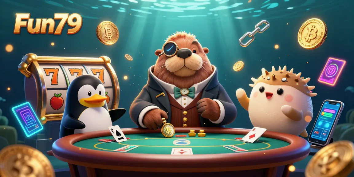 Experience Fun79's underwater poker scene with a jolly walrus, sophisticated dealer, and the thrill of slots.