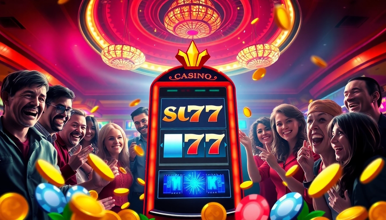 Slot777 machine attracting players with excitement in a vibrant casino scene.