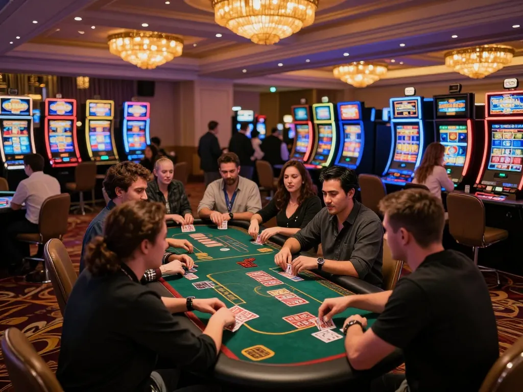 Gamblers play in an exciting casino atmosphere illustrating nhacaiuytinn, showcasing vibrant gaming tables and slot machines.