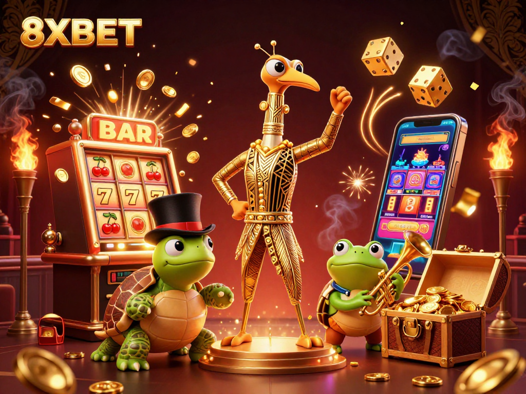 Experience 8XBET thrills with cartoon characters at a vibrant casino scene filled with exciting game elements.