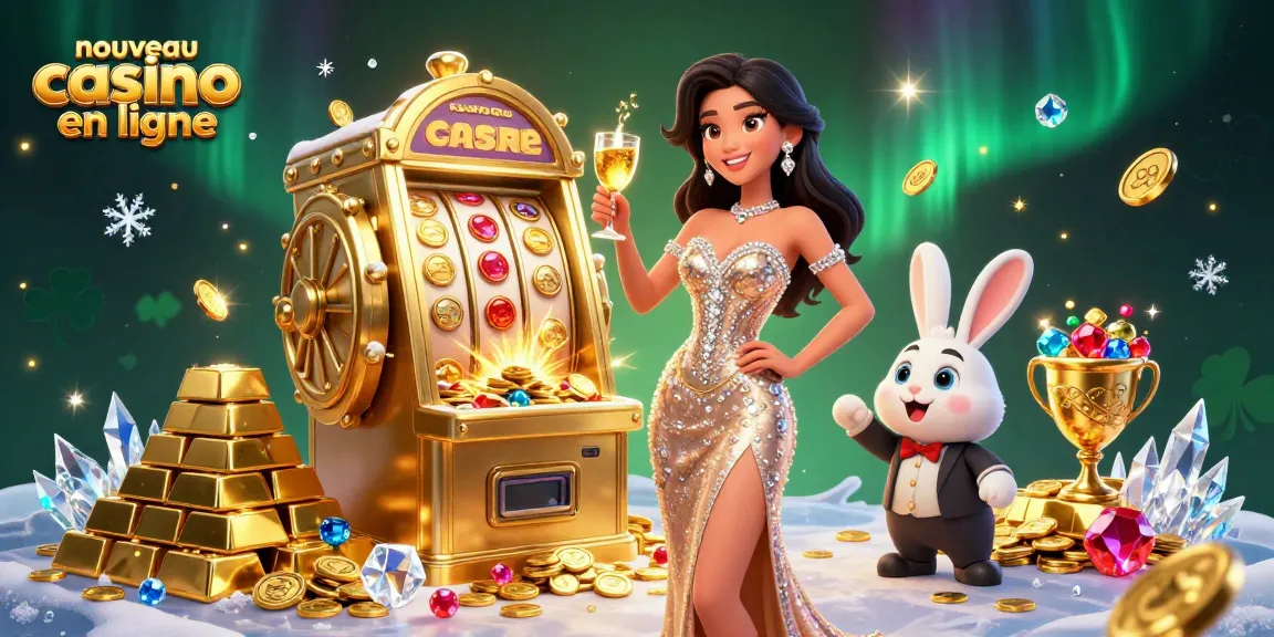 Célébrez dans un nouveau casino en ligne, avec une femme éblouissante et une machine à jackpot dorée entourée de richesses.
