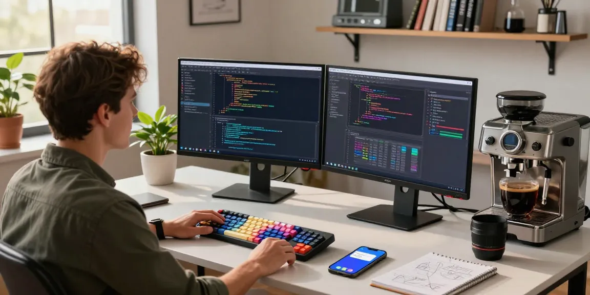 Active software development at teiegramin.com workspace with dual monitors and coding setup.