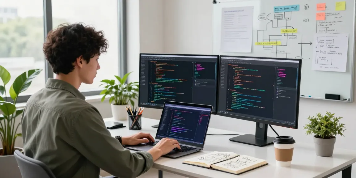 Focused developer using 截图软件 in a bright tech workspace, showcasing vibrant code on monitors and natural light.