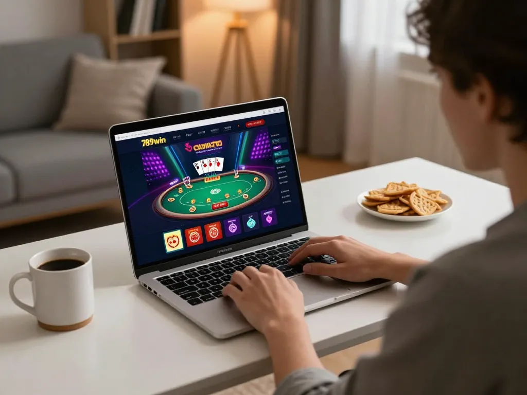 Engaged player enjoying 789win com online casino poker game on a sleek laptop in a cozy home setting