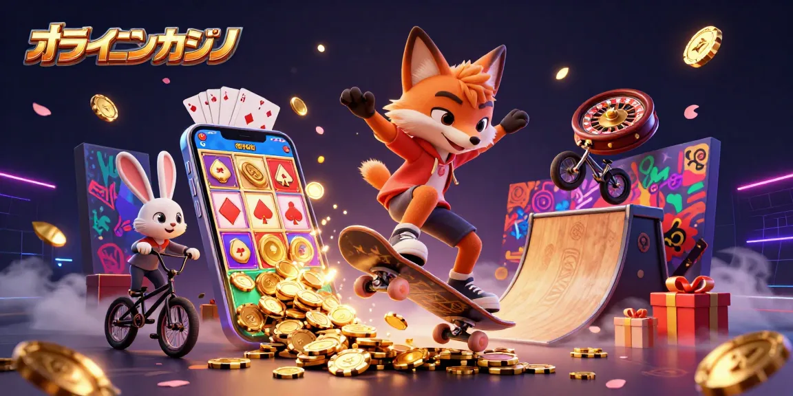 オンラインカジノで賭けるアクション満載の3Dイラスト、スロットゲームやポーカーの要素が輝く。