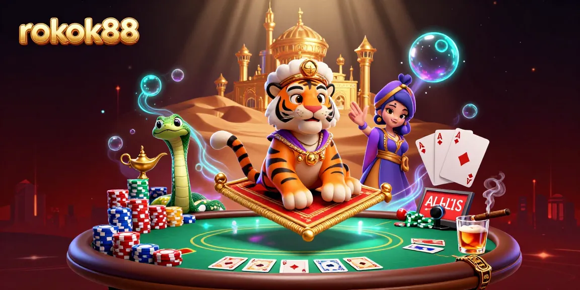 Experience the thrill of rokok88 with a vibrant 3D casino scene featuring a tiger sultan and poker elements.