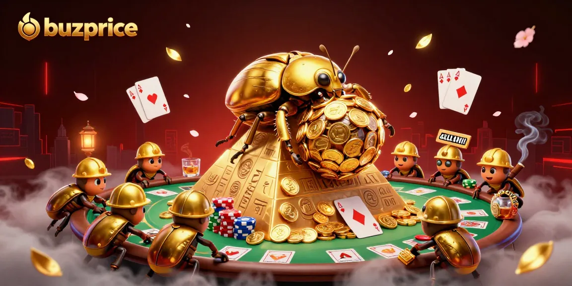 Win big with buzprice at this vibrant casino scene filled with golden coins and poker elements.