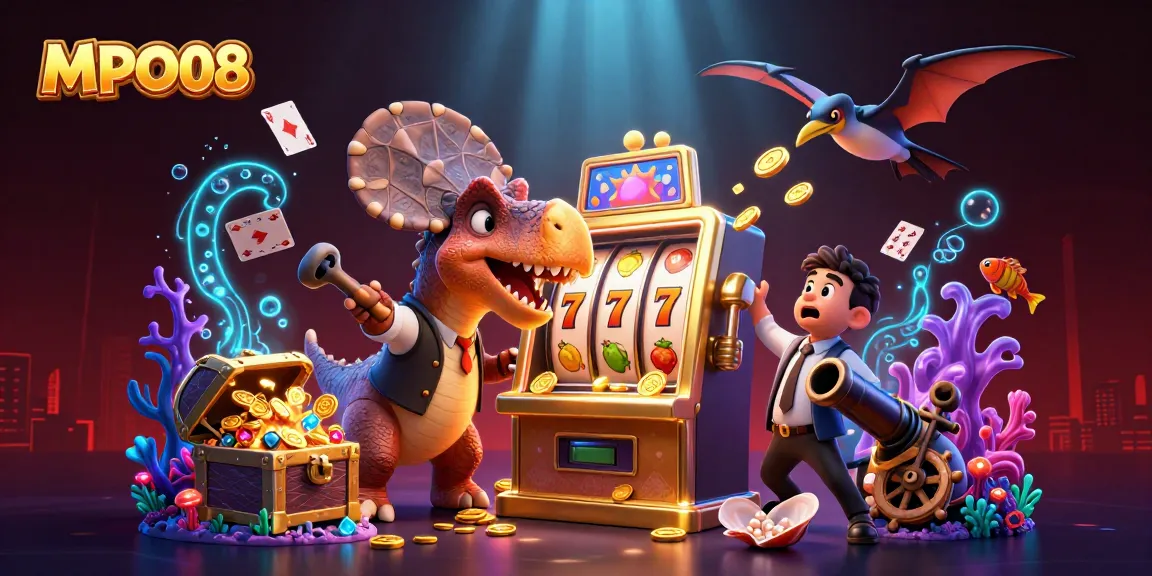 MPO08 brings exciting slots action with a cartoon dinosaur jackpot adventure in a dazzling casino setting.